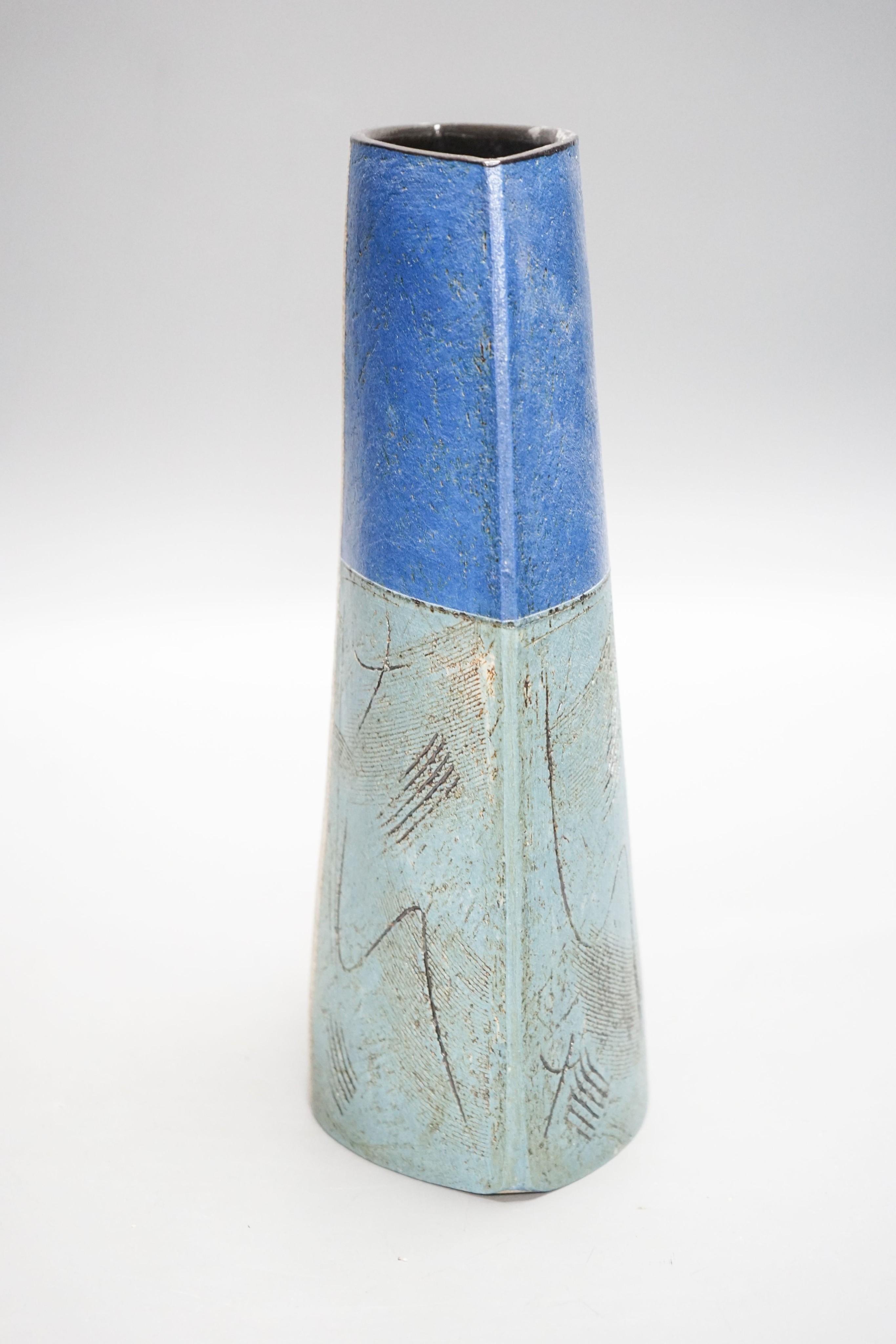 Bernard Irwin (b.1953), an elliptical stoneware vase, geometric design 28cm